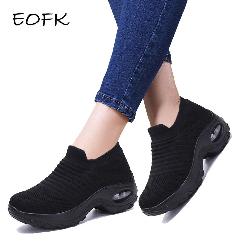 EOFK Fashion Spring Autumn Women Platform Shoes Woman Lady Flats Casual Thick Bottom Black Shoes Sock Slip On Dance Shoes