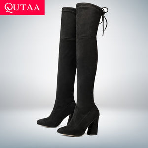 QUTAA 2020 New Flock Leather Women Over The Knee Boots Lace Up Sexy High Heels Autumn Woman Shoes Winter Women Boots Size 34-43