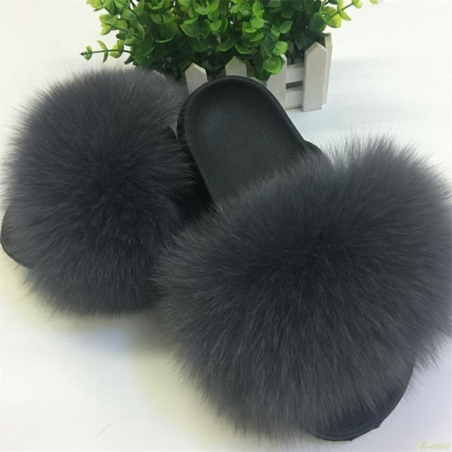 2020 Women Furry Slippers Ladies Shoes Cute Plush Fox Hair Fluffy Sandals Women's Fur Slippers Winter Warm Slippers Women Hot