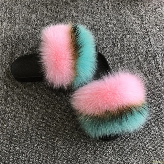 2020 Women Furry Slippers Ladies Shoes Cute Plush Fox Hair Fluffy Sandals Women's Fur Slippers Winter Warm Slippers Women Hot