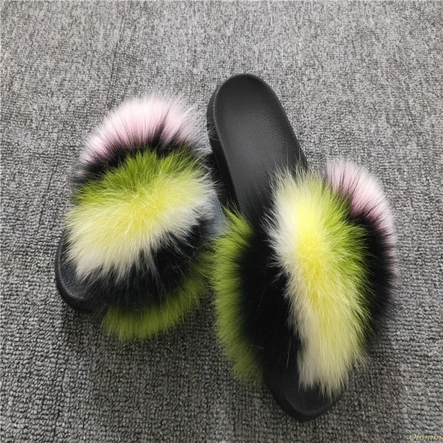 2020 Women Furry Slippers Ladies Shoes Cute Plush Fox Hair Fluffy Sandals Women's Fur Slippers Winter Warm Slippers Women Hot