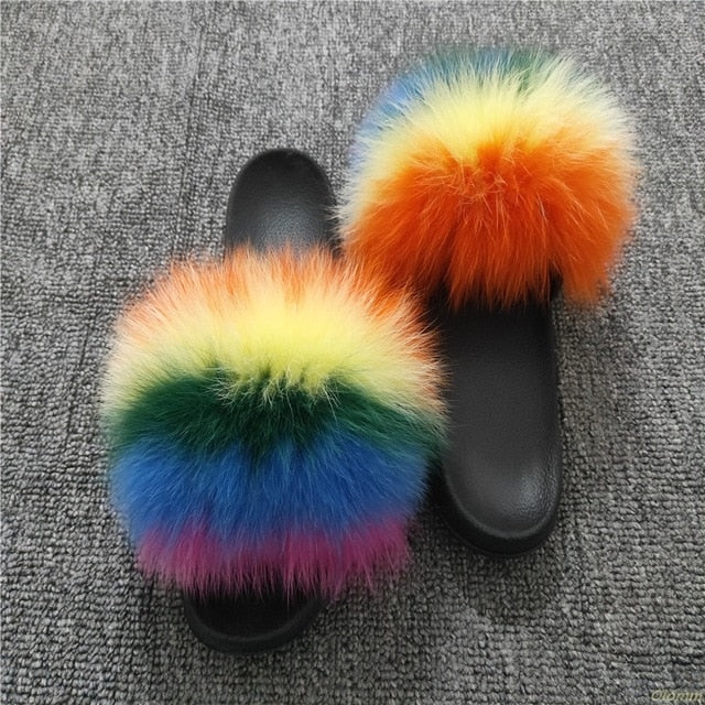 2020 Women Furry Slippers Ladies Shoes Cute Plush Fox Hair Fluffy Sandals Women's Fur Slippers Winter Warm Slippers Women Hot