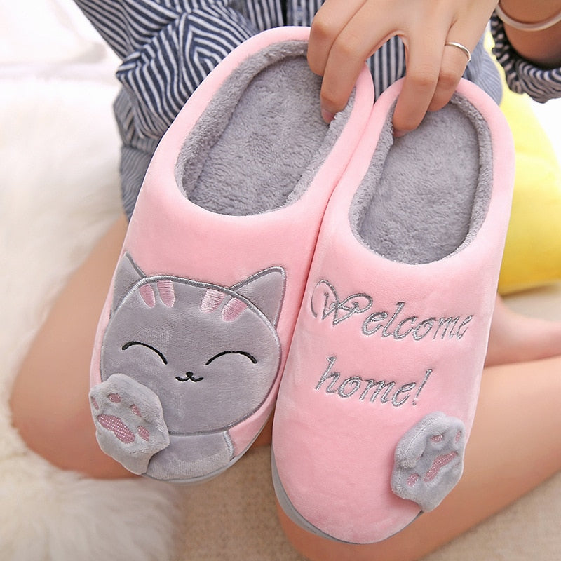 Dropshipping Women Winter Home Slippers Cartoon Cat Shoes Soft Winter Warm House Slippers Indoor Bedroom Lovers Couples T065