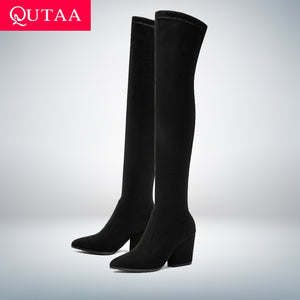 QUTAA 2020 Women Over The Knee High Boots Hoof Heels Winter Shoes Pointed Toe Sexy Elastic Fabric  Women Boots Size 34-43